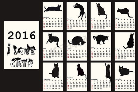 2016模板摄影照片_2016 日历与黑猫
