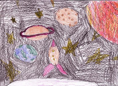 儿童宇宙摄影照片_儿童绘画 - 太空、宇宙飞船、恒星和行星