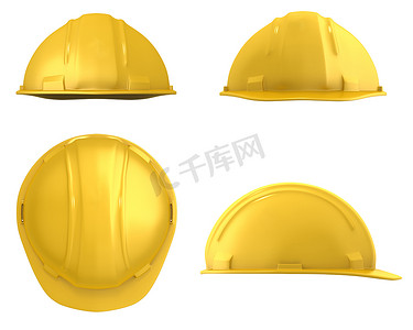 孤立的黄色建筑头盔四个视图