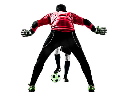 两名男子足球运动员守门员比赛剪影