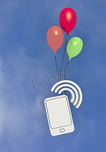 三个彩色气球与智能手机在天空中飞翔