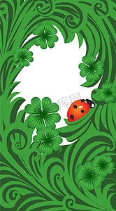 绿色矢量圣帕特里克日框架与三叶草和瓢虫