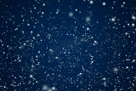 雪花元素摄影照片_寒假和冬季背景，白雪落在深蓝色背景上，雪花散景和降雪颗粒作为圣诞节和下雪假期设计的抽象下雪场景