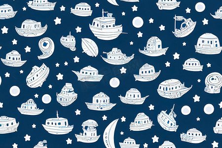 海洋无缝模式与卡通船在蓝色背景上 高质量的 2d 插图。