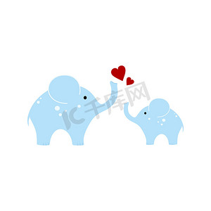 动物与动物宝宝摄影照片_在白色背景上的两只蓝色大象与心。