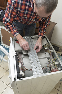 用工摄影照片_中年男子用工具、家务修理坏洗衣机
