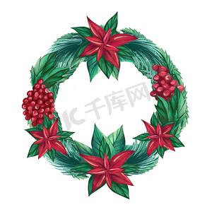 圆形花环摄影照片_圣诞花环由浆果、树枝和一品红制成。