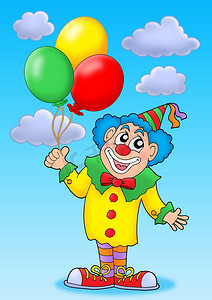 小丑巡游摄影照片_蓝天上拿着气球的小丑