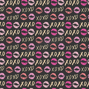 海报毛笔摄影照片_XOXO 毛笔字母标志无缝图案，Grunge 书法拥抱和亲吻短语，互联网俚语缩写 XOXO 符号，在白色背景上隔离的矢量插图