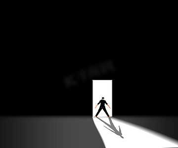 从一扇黑色墙壁的门拍摄男性和一个 ling 影子。