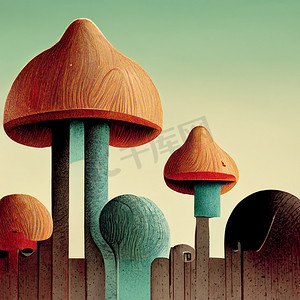 卡通食物涂鸦摄影照片_卡通风格的彩色蘑菇，有毒且健康，扁平风格的素食。