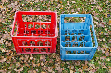 秋草上两个装啤酒瓶的空塑料盒