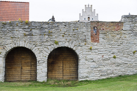绿色墙摄影照片_在维斯比，哥特兰城墙的木门