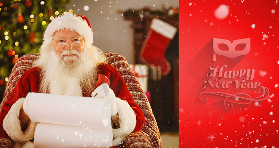 新年数字倒计时摄影照片_快乐圣诞老人用羽毛笔书写清单的合成图像