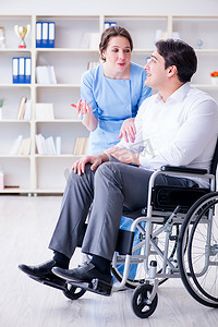 意外事故摄影照片_坐轮椅的残疾病人去看医生进行定期检查