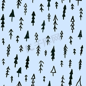 手绘在蓝色背景上的圣诞树无缝模式。