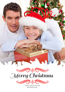 鼠喜庆摄影照片_父亲和他的儿子拿着圣诞礼物的肖像的合成图像