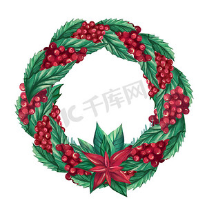 圣诞花环由浆果、冬青叶、一品红制成