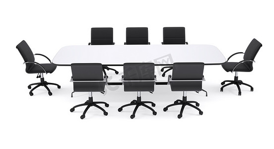 会议桌摄影照片_会议桌和八把黑色办公椅。