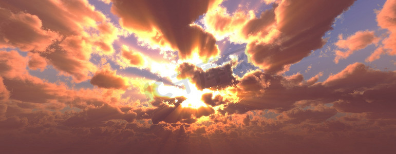 具有云、光线和其他大气效果的日落/日出，3d 插图