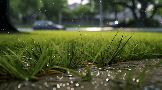 草地雨水摄影照片_下雨后湿草地特写