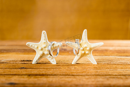 木桌上有两只海星的两个结婚戒指