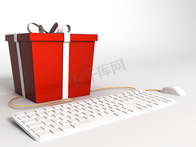 立体键盘、鼠标和包装好的红色礼物