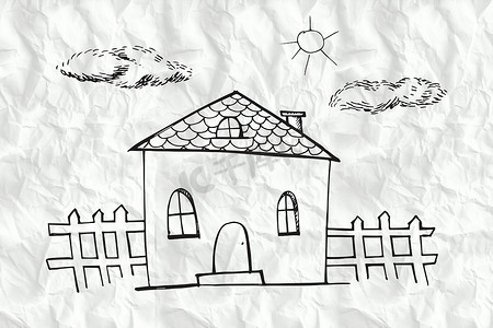 屋顶手绘摄影照片_手绘房子的合成图像