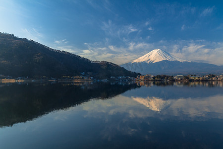 从湖在日本的富士山视图。