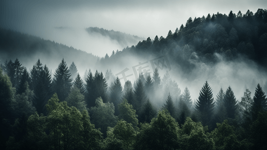浓雾森林摄影照片_笼罩在浓雾和低空云层中的森林