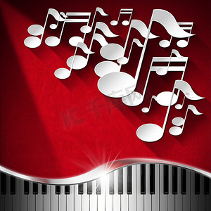 音乐钢琴背景摄影照片_音乐钢琴和音符背景 - 红色天鹅绒