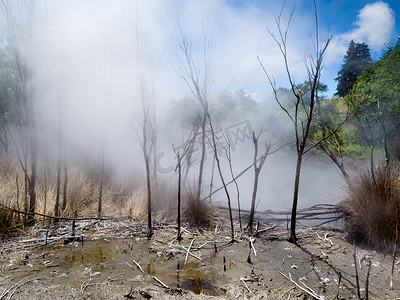 新西兰罗托鲁瓦冒着热气的火山温泉