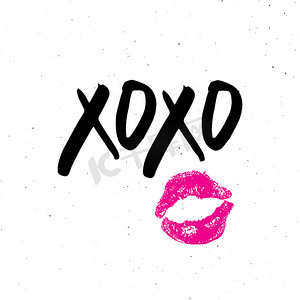 XOXO 毛笔字母符号，Grunge 书法拥抱和亲吻短语，互联网俚语缩写 XOXO 符号，在白色背景上隔离的矢量插图