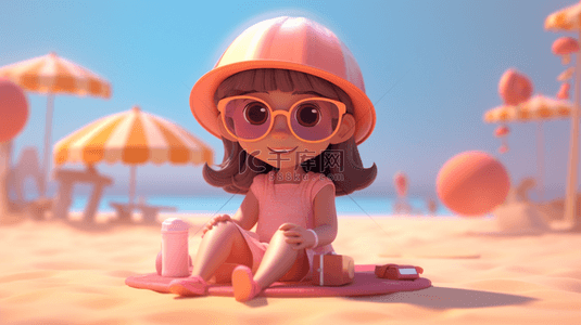 海边女子背景图片_3D夏天3D小女孩