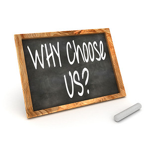 为什么选择我们摄影照片_黑板上写着“为什么选择我们！”
