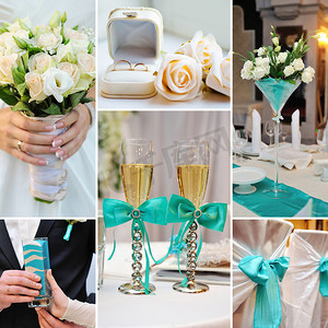 绿松石色、蓝色的婚礼照片装饰拼贴