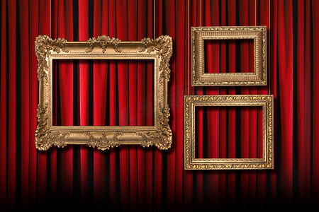 舞台金摄影照片_带 3 个悬挂金框的红色舞台剧院窗帘