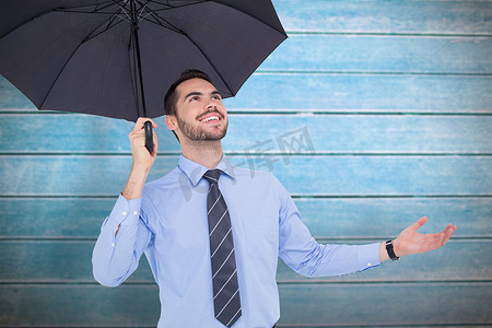 快乐商人用黑伞避难的合成图像
