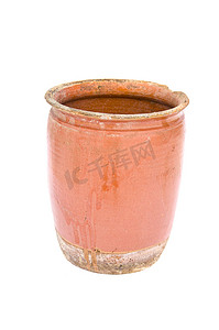 陶瓷器皿摄影照片_旧的老式粘土陶瓷罐罐隔离在白色