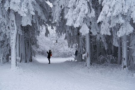 滑雪女孩子摄影照片_滑雪套间里的小女孩和她的父亲一起踏上了这条小路。