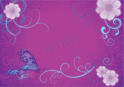 紫蝴蝶摄影照片_深色背景中的紫蝴蝶和花朵