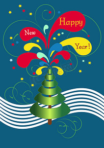 新年蓝色红色摄影照片_圣诞贺卡与抽象的新年树