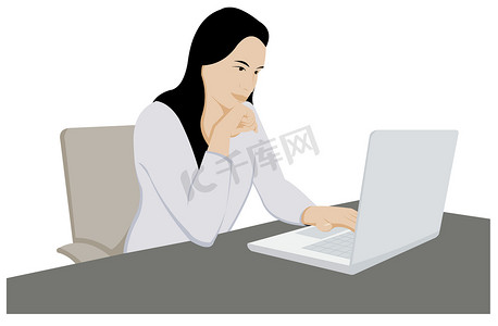 卡通女坐摄影照片_坐在电脑前的女人卡通