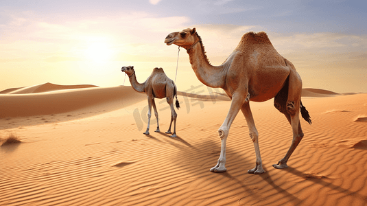 勿从杆下行走摄影照片_一对骆驼在沙漠中行走