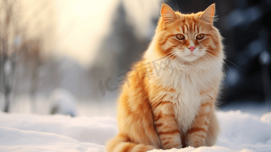一只橙色和白色相间的猫坐在雪地里