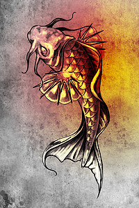 日本纹摄影照片_纹身艺术素描，日本金鱼