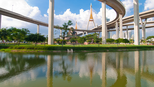 泰国普密蓬桥，这座桥横跨湄南河