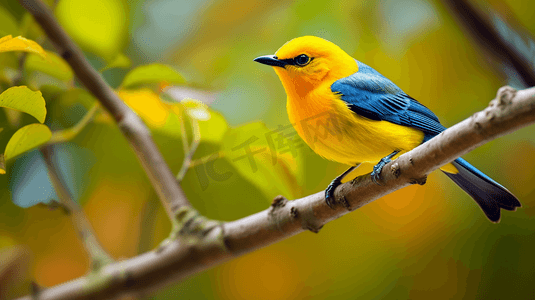 一只蓝黄相间的鸟栖息在树枝上