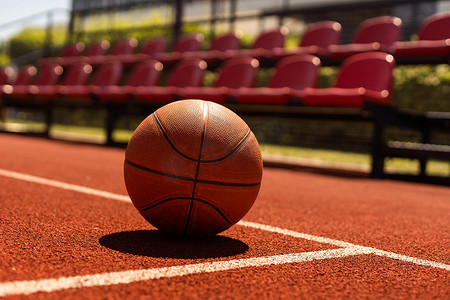 球场地板上的篮球特写，背景模糊的竞技场