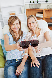 两个聪明的女人在沙发上拿着酒杯